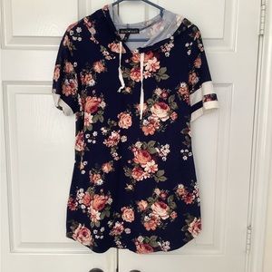 Derek Heart Navy Floral Hooded Tee Tunic Super Soft Stretch XL